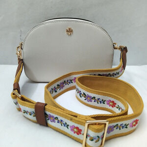 Tory Burch Emerson White Leather Double Zipper Floral Strap Camera Crossbody Bag